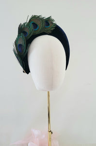 Navy Blue Halo Headband Fascinator, Peacock Feather Headpiece