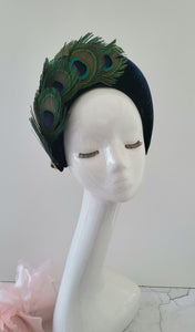 Navy Blue Halo Headband Fascinator, Peacock Feather Headpiece