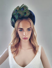 Load image into Gallery viewer, Navy Blue Halo Headband Fascinator, Peacock Feather Headpiece