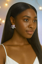 Load image into Gallery viewer, Clip-On Pink Satin Bow Earrings with Diamante Sparkle and Pearl Beads – Elegant Bridal or Occasion Jewellery