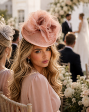 Load image into Gallery viewer, Blush Pink Sinamay Percher Hat — Silk Organza Flower &amp; Bow Detail Headband