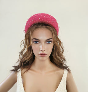 Pink Fascinator Headband, with Swarovski Crystal Veiling, 6.5 cms Wide