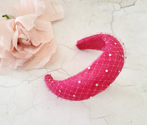 Pink Fascinator Headband, with Swarovski Crystal Veiling, 6.5 cms Wide