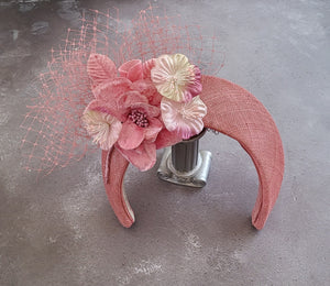 Pink Fascinator Headband, with Flowers and Veiling,