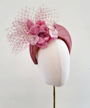 Load image into Gallery viewer, Pink Fascinator Headband, with Flowers and Veiling,