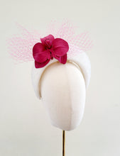 Load image into Gallery viewer, Pink Leather Orchid Fascinator on Ivory Headband with Veiling