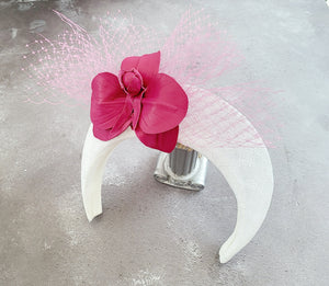 Pink Leather Orchid Fascinator on Ivory Headband with Veiling