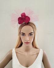 Load image into Gallery viewer, Pink Leather Orchid Fascinator on Ivory Headband with Veiling
