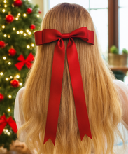 Load image into Gallery viewer, Red Double Satin Bow Hair Clip with Elegant Long Tails