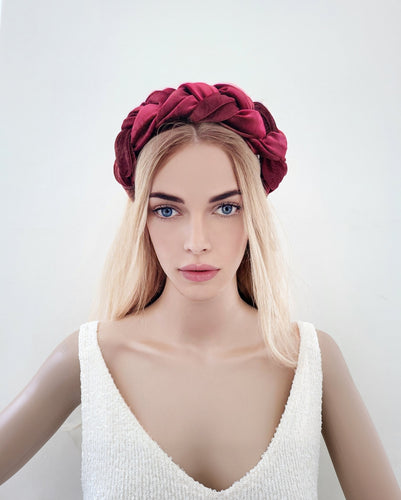 Dark Red Velvet Woven Plaited Headband, Christmas Headpiece, 5.5 cms Wide, Fascinator