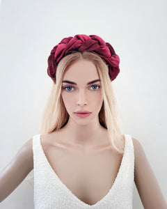 Dark Red Velvet Woven Plaited Headband, Christmas Headpiece, 5.5 cms Wide, Fascinator