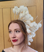 Load image into Gallery viewer, Ivory Feather Flower Headband Fascinator – Extra Tall Bridal Wedding Hat, Elegant Headpiece