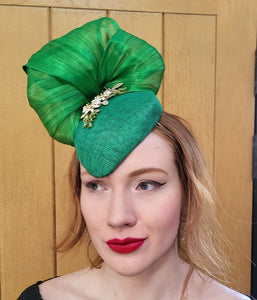 Green Percher Pillbox Hat with Rhinestone Detail and Silk Abaca Swirl