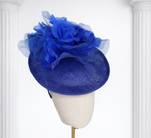 Load image into Gallery viewer, Royal Blue Sinamay Percher Hat — Silk Organza Flower &amp; Bow Detail Headband