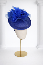 Load image into Gallery viewer, Royal Blue Sinamay Percher Hat — Silk Organza Flower &amp; Bow Detail Headband