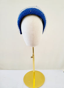Cobalt Blue Fascinator Headband, with Swarovski Crystal Veiling, Halo Shape, 6.5 cms Wide