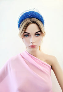 Cobalt Blue Fascinator Headband, with Swarovski Crystal Veiling, Halo Shape, 6.5 cms Wide