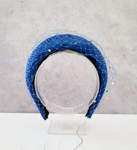 Cobalt Blue Fascinator Headband, with Swarovski Crystal Veiling, Halo Shape, 6.5 cms Wide