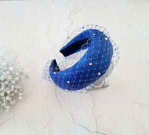 Cobalt Blue Fascinator Headband, with Swarovski Crystal Veiling, Halo Shape, 6.5 cms Wide