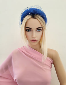 Cobalt Blue Fascinator Headband, with Swarovski Crystal Veiling, Halo Shape, 6.5 cms Wide