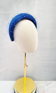 Cobalt Blue Fascinator Headband, with Swarovski Crystal Veiling, Halo Shape, 6.5 cms Wide