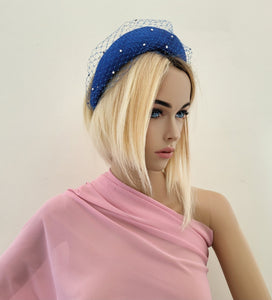 Cobalt Blue Fascinator Headband, with Swarovski Crystal Veiling, Halo Shape, 6.5 cms Wide