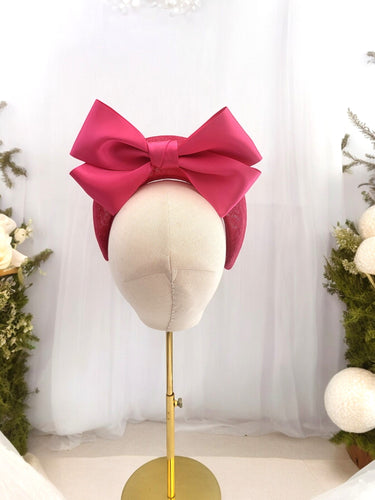 Bright Pink Satin Back Bow Headband Fascinator, on a Sinamay Halo Base,