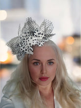 Load image into Gallery viewer, Black and White Dotty Flower Fascinator