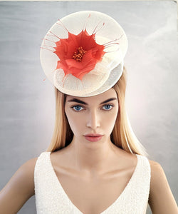 Ivory Swirl Fascinator Hat, Percher style with Burnt orange feather flower hair clip