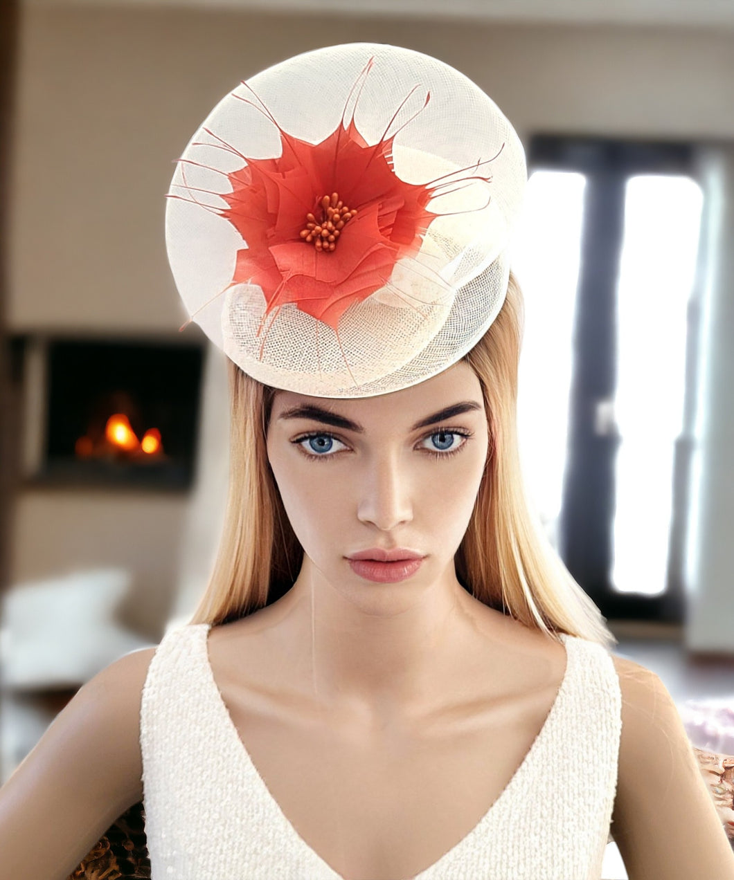 Ivory Swirl Fascinator Hat, Percher style with Burnt orange feather flower hair clip