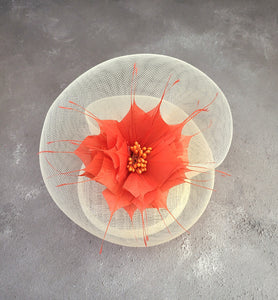 Ivory Swirl Fascinator Hat, Percher style with Burnt orange feather flower hair clip