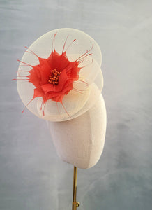 Ivory Swirl Fascinator Hat, Percher style with Burnt orange feather flower hair clip