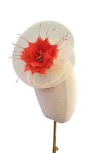 Ivory Swirl Fascinator Hat, Percher style with Burnt orange feather flower hair clip