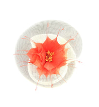 Load image into Gallery viewer, Ivory Swirl Fascinator Hat, Percher style with Burnt orange feather flower hair clip