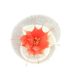 Ivory Swirl Fascinator Hat, Percher style with Burnt orange feather flower hair clip