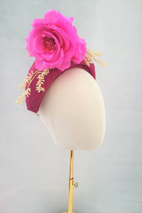Magenta Pink Halo Crown Fascinator Headband, with Silk Flowers, Races Headpiece, 10 cms Wide