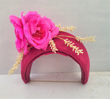 Load image into Gallery viewer, Magenta Pink Halo Crown Fascinator Headband, with Silk Flowers, Races Headpiece, 10 cms Wide
