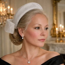 Load image into Gallery viewer, White Bow Ridged Headband Fascinator with Back Bow "Cherry"