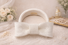 Load image into Gallery viewer, Pale Grey Sinamay Ridged Fascinator Headband with Elegant Back Bow