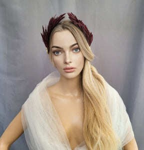 Wine Red Diamante Feather Headdress, Fascinator, Headpiece,