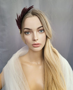 Wine Red Diamante Feather Headdress, Fascinator, Headpiece,