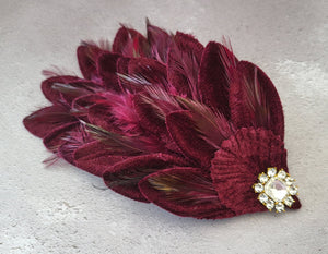 Wine Red Diamante Feather Headdress, Fascinator, Headpiece,