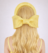 Load image into Gallery viewer, Light Yellow Sinamay Halo Headband Fascinator – Back Bow Wedding Race Hat "Katie"