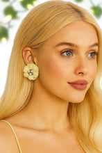 Load image into Gallery viewer, Clip-On Yellow Flower Earrings with Pearl Beads and Rhinestone – Fabric Floral Statement, 6cm