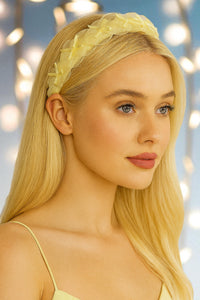 Pale Yellow Plaited Bow Headband – 4cm Wide Ribbon Woven Fascinator, Bold Statement Hairband