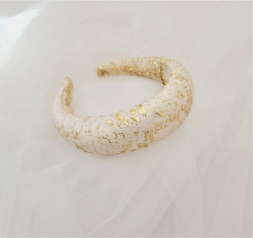 Gold Hand Painted French Lace Padded headband over Ivory Silk Duchess Satin