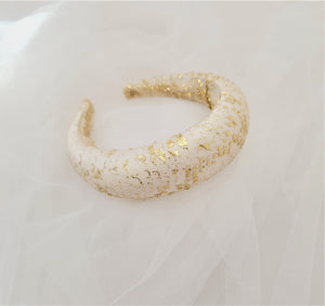 Gold Hand Painted French Lace Padded headband over Ivory Silk Duchess Satin
