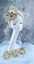 Load image into Gallery viewer, Beige Straw Halo Crown Headband with Gold Leather Flowers