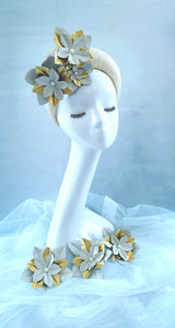 Beige Straw Halo Crown Headband with Gold Leather Flowers