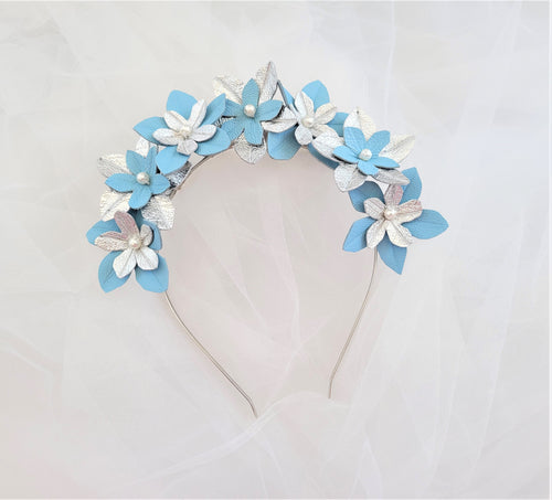 Silver and Blue Daisy Flower Headband Crown